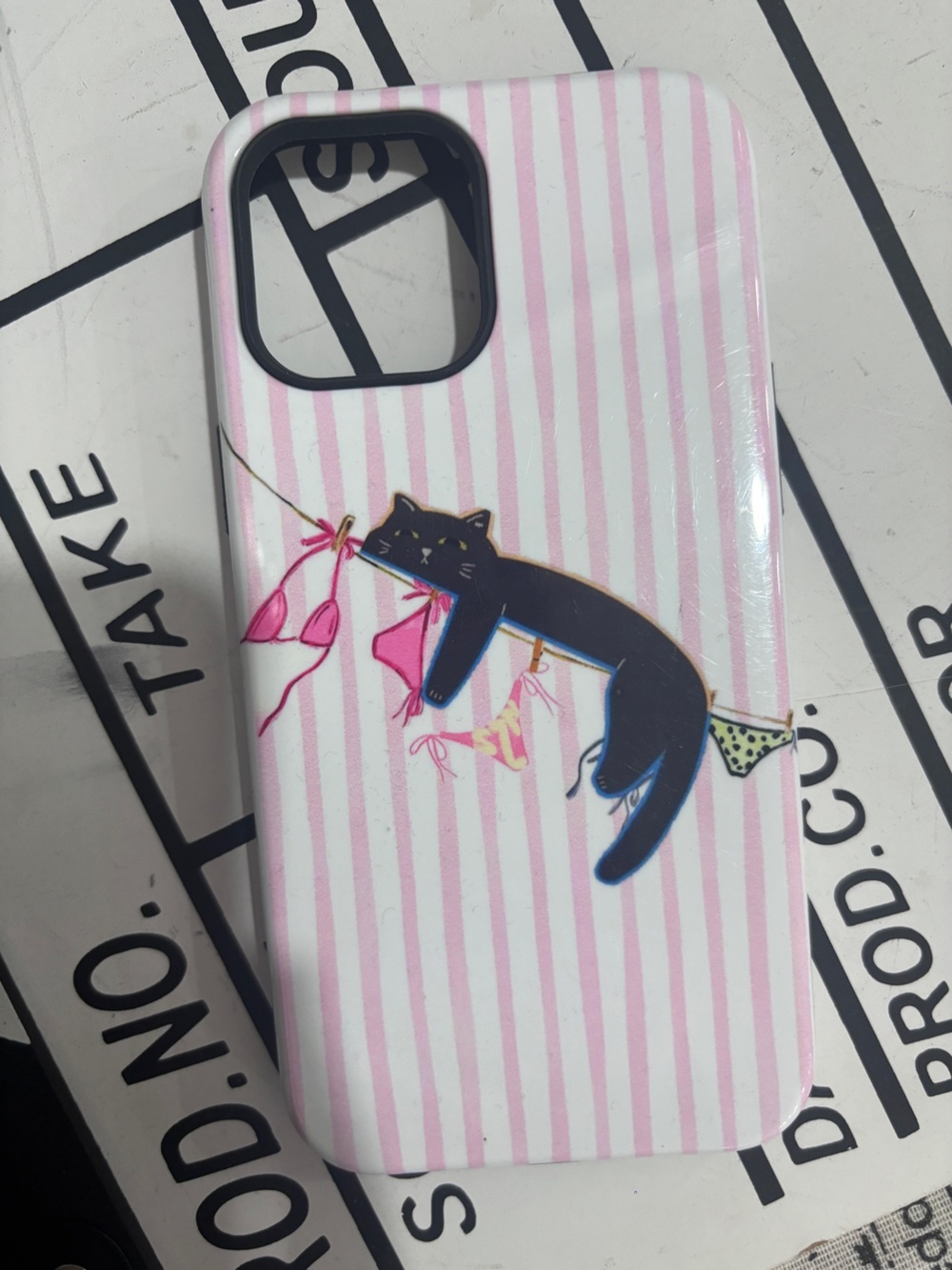 Pink Striped Cat Design Phone Case - Cute Black Cat on Clothesline